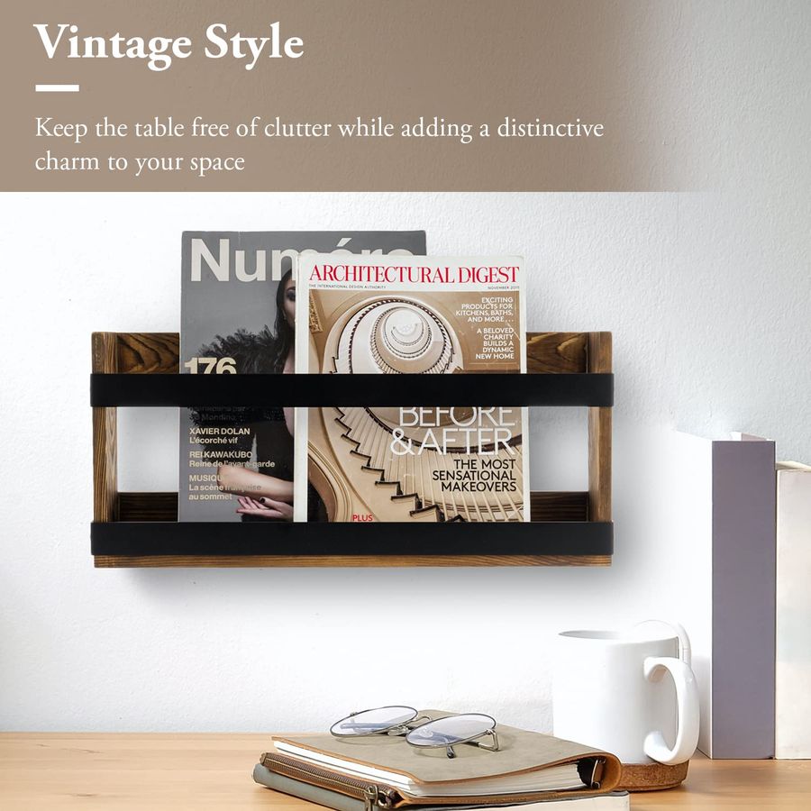 Rustic Burnt Solid Wood and In - Magazine Holder Rack recension och pris