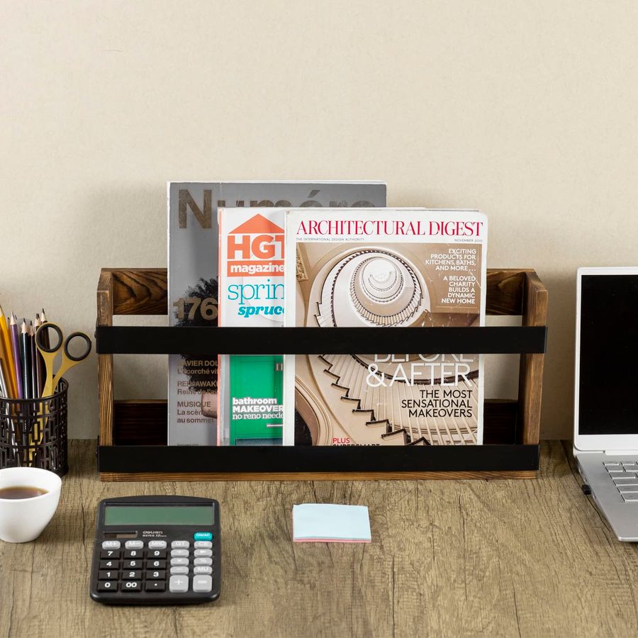 Rustic Burnt Solid Wood and In - Magazine Holder Rack recension och pris